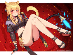  ankle_strap bare_legs black_jacket black_tank_top blonde_hair blue_ribbon cat_tail choker commission crossed_legs curly_hair drill_hair female final_fantasy final_fantasy_xiv full_body gloves hair_ribbon hand_on_floor hand_on_own_face jacket jewelry juliet_sleeves knees_up kouzuki_tsubasa_(musou_kaidou) legs light_blush lipstick long_hair long_sleeves looking_at_viewer makeup miqo&#039;te nail_polish necklace open_mouth orange_eyes original partially_fingerless_gloves puffy_sleeves ribbon short_shorts shorts sitting skeb_commission slit_pupils solo sparkle strappy_heels tail tank_top thighs toenail_polish toenails toes twin_drills warrior_of_light_(ff14) 