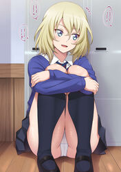  :d bc_freedom_school_uniform black_footwear black_socks blonde_hair blue_cardigan blue_eyes blue_necktie blush cardigan commentary commission diagonal-striped_clothes diagonal-striped_necktie dress_shirt female girls_und_panzer girls_und_panzer_saishuushou highres indoors kneehighs knees_up loafers medium_hair messy_hair mibushiro necktie open_mouth oshida_(girls_und_panzer) panties pantyshot red_necktie school_uniform shirt shoes sitting skeb_commission smile socks solo striped_clothes underwear white_panties white_shirt wing_collar wooden_floor 