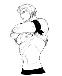  1boy abs bandana_around_arm bara bare_pectorals clothes_lift cropped_legs earrings greyscale jewelry large_pectorals lifting_own_clothes line_art looking_at_viewer male_focus monochrome muscular muscular_male navel nok_(nok_1) one_piece parted_lips pectorals puffy_nipples roronoa_zoro scar scar_on_chest shirt_lift short_hair sideburns single_earring solo undressing 