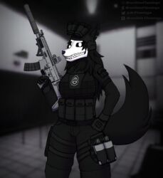  anthro armor assault_rifle belt black_body black_fur bone bottomwear brazilianflamingo bulletproof_vest canid canine canis clothed clothing digital_media_(artwork) electronics english_text eotech explosives female fingers foregrip fur fur_tuft gloves grenade gun hair handwear headgear headphones hi_res holding_gun holding_object holding_ranged_weapon holding_weapon laboratory mal0 mammal military military_clothing military_pants military_uniform monster night_vision_goggles notched_ear pants pouch_(clothing) ranged_weapon rifle scar-l scope scp-1471 scp-1471-a scp_foundation signature silencer skull skull_head solo standing tactical_gear tactical_gloves tail teeth text topwear trigger_discipline tuft uniform weapon 