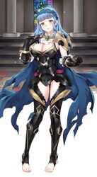  alternate_costume armor armored_leotard ascot black_armor black_gloves blue_cape blue_hair blue_hairband blunt_bangs breasts brown_eyes cape cleavage closed_mouth commentary commission corrin_(female)_(fire_emblem) corrin_(female)_(fire_emblem)_(cosplay) corrin_(female)_(nohr_noble)_(fire_emblem) corrin_(fire_emblem) cosplay english_commentary feet female fire_emblem fire_emblem:_three_houses fire_emblem_fates fire_emblem_heroes fire_emblem_warriors:_three_hopes gauntlets gloves hairband highres igni_tion indoors lace-trimmed_hairband lace_trim large_breasts long_hair looking_at_viewer marianne_von_edmund no_shoes official_alternate_hairstyle plackart shoulder_armor smile solo stirrup_legwear toeless_legwear toenails toes torn_cape torn_clothes white_ascot 