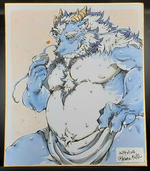  1boy aqua_skin bara beard big_belly chest_tuft chinese_zodiac colored_pencil_(medium) cowboy_shot cup dated dragon_boy dragon_horns facial_hair fat fat_man full_beard furry furry_male heart highres horns huge_eyebrows kano_(kano_to10) large_pectorals licking_lips long_hair long_mustache male_focus mature_male moustache multicolored_hair nude pectorals photo_(medium) qinglong_(housamo) sakazuki shikishi solo thick_beard thick_navel_hair tokyo_afterschool_summoners tongue tongue_out traditional_media two-tone_beard two-tone_hair wet year_of_the_dragon 