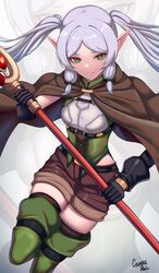  absurdres artist_name black_bow black_gloves black_thighhighs boots bow breasts brown_cape brown_shorts caiman_pool cape cosplay elf female frieren gloves goblin_slayer! green_eyes green_footwear hairbow high_elf_archer_(goblin_slayer!) high_elf_archer_(goblin_slayer!)_(cosplay) highres holding holding_staff long_hair looking_at_viewer pointy_ears shorts sidelocks small_breasts smile solo sousou_no_frieren species_connection staff thigh_boots thighhighs twintails white_hair 