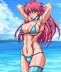  abs arms_up bikini blue_sky blush breasts cloud cloudy_sky covered_nipples dripping female highres large_breasts long_hair looking_at_viewer mighty_yukiko muscular muscular_female ocean pink_hair purple_eyes retro_artstyle shiny_skin sky smile solo spiked_hair swimsuit taroimo_(00120014) thong_bikini wet wet_clothes wet_swimsuit wide_hips wrestle_angels 