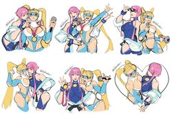  2girls adjusting_eyewear blonde_hair breast_press breasts cleavage cleavage_cutout clothing_cutout cropped_legs dougi elbow_cutout fefeather flexing heart highres hime_cut hip_vent large_breasts leotard looking_at_viewer manon_legrand martial_arts_belt medal microphone multiple_girls off_shoulder panty_straps pink_hair rainbow_mika short_hair_with_long_locks shoulder_cutout sidelocks street_fighter street_fighter_6 street_fighter_v street_fighter_zero_(series) sunglasses symmetrical_docking twintails wrestling_mask wrestling_outfit wristband yuri 