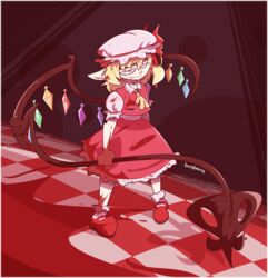  ascot blonde_hair blood blood_on_arm blood_on_clothes blood_on_hands blood_on_leg blood_on_shoes bobby_socks burgivore checkered_floor closed_mouth collared_shirt crystal fang_out female flandre_scarlet frilled_shirt_collar frills full_body hat hat_ribbon holding holding_polearm holding_weapon laevatein_(touhou) large_ears mary_janes medium_hair mob_cap multicolored_wings oerba_yun_fang pigeon-toed pointy_ears polearm puffy_short_sleeves puffy_sleeves red_background red_eyes red_footwear red_ribbon red_skirt red_theme red_vest ribbon shirt shoes short_sleeves skirt skirt_set socks solo standing touhou vest weapon white_hat white_shirt white_socks wings yellow_ascot 