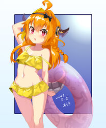  aged_down ahoge araki_(qbthgry) arm_behind_head arm_up bikini bikini_skirt braid breasts dragon_girl dragon_horns dragon_tail female hairband highres hololive horns innertube kiryu_coco long_hair microskirt navel orange_hair skirt small_breasts solo strap_slip swim_ring swimsuit tail thigh_gap thighs virtual_youtuber yellow_bikini yellow_skirt 