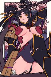  absurdres armor black_hair black_hat black_thighhighs branch breasts cherry_blossoms facial_mark fate/grand_order fate_(series) female forehead_mark hacco_mayu hair_bun hat highres japanese_armor kote large_breasts long_hair long_sleeves looking_at_viewer orange_eyes parted_bangs shoulder_armor side_ponytail sidelocks single_side_bun sitting sode solo suneate taira_no_kagekiyo_(fate) thighhighs ushiwakamaru_(fate) very_long_hair 