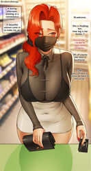  absurdres bag black_bra black_ribbon black_scrunchie black_shirt blue_eyes blurry blurry_background blush bra breasts buying_condoms cash_register ceo_(ceo_and_bodyguard) ceo_and_bodyguard cleavage convenience_store counter covered_navel credit_card earrings embarrassed english_text female fingernails hair_behind_ear hair_over_shoulder handbag high-waist_skirt highres jewelry large_breasts long_fingernails looking_to_the_side mask mature_female mixed-language_commentary mole mole_under_eye mouth_mask nail_polish pov red_hair red_nails ribbon roborobocap scrunchie see-through shirt shop skirt solo thighs underwear white_skirt 