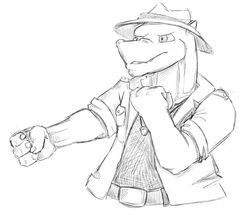  2016 alligator alligatorid anthro biped brok_(brok_the_investigator) brok_the_investigator clothing cowcat_games crocodilian diaminerre hat headgear headwear humanoid_hands monochrome reptile scalie shirt simple_background solo topwear 