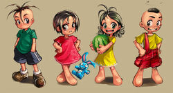  2boys 2girls :d barefoot black_hair brown_background cascao_(turma_da_monica) cebolinha_(turma_da_monica) closed_mouth commentary_request diogo_saito dress eyelashes food frown fruit full_body furrowed_brow green_eyes grin hands_in_pockets hands_on_own_hips happy holding holding_food holding_fruit holding_watermelon looking_at_viewer magali_(turma_da_monica) monica_(turma_da_monica) multiple_boys multiple_girls open_mouth photoshop_(medium) portuguese_commentary red_dress sansao_(turma_da_monica) shoes short_hair shorts simple_background smile stuffed_animal stuffed_rabbit stuffed_toy turma_da_monica watermelon yellow_dress 