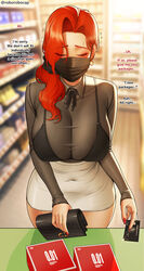  absurdres bag black_bra black_ribbon black_scrunchie black_shirt blue_eyes blurry blurry_background blush bra breasts buying_condoms cash_register ceo_(ceo_and_bodyguard) ceo_and_bodyguard cleavage closed_eyes condom_box convenience_store counter covered_navel credit_card earrings embarrassed english_text female fingernails hair_behind_ear hair_over_shoulder handbag high-waist_skirt highres jewelry large_breasts long_fingernails long_hair mask mature_female mixed-language_commentary mole mole_under_eye mouth_mask nail_polish okamoto_condoms pov red_hair red_nails ribbon roborobocap scrunchie see-through shirt shop skirt solo thighs underwear white_skirt 