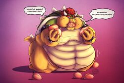  2023 2_horns anthro armband basicbiscuit belly big_belly bowser bracelet cheek_bulge claws collar dialogue fangs food fruit hair hi_res holding_food holding_fruit holding_object horn jewelry kneeling koopa male mario_bros muffled_speech navel nintendo nude obese obese_anthro obese_male overweight overweight_anthro overweight_male peach_(fruit) plant red_hair scalie shell signature solo speech_bubble spiked_armband spiked_bracelet spiked_collar spiked_shell spiked_tail spikes spikes_(anatomy) stuffed_mouth tail teeth text the_super_mario_bros_movie 