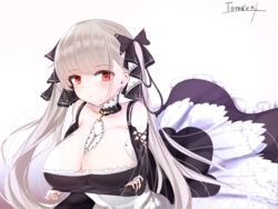  azur_lane bare_shoulders between_breasts black_dress blush breasts cleavage closed_mouth collarbone commentary_request dress female formidable_(azur_lane) frilled_dress frills grey_hair hair_ribbon large_breasts long_hair looking_at_viewer partial_commentary red_eyes ribbon simple_background solo tarakon white_background 