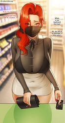  absurdres bag black_bra black_ribbon black_scrunchie black_shirt blue_eyes blurry blurry_background blush bra breasts buying_condoms cash_register ceo_(ceo_and_bodyguard) ceo_and_bodyguard cleavage convenience_store counter covered_navel credit_card earrings embarrassed english_text female fingernails hair_behind_ear hair_over_shoulder handbag high-waist_skirt highres jewelry large_breasts long_fingernails looking_at_viewer mask mature_female mixed-language_commentary mole mole_under_eye mouth_mask nail_polish pov red_hair red_nails ribbon roborobocap scrunchie see-through shirt shop skirt solo thighs underwear white_skirt 