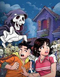  1boy black_hair breasts brown_eyes cebolinha_(turma_da_monica) collared_shirt death_(entity) eyelashes female highres hood horror_(theme) jewelry long_sleeves monica_(turma_da_monica) necklace night night_sky official_art outdoors rope scared shirt short_hair short_sleeves skull sky small_breasts sweater turma_da_monica turma_da_monica_jovem window zazo_aguiar zombie 