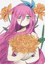  aqua_bow aqua_eyes aubrey_(faraway)_(omori) aubrey_(omori) bare_shoulders blue_hairband blush bouquet bow daffodil expressionless female flower hair_between_eyes hairband hairbow highres holding holding_bouquet kokomi_(aniesuakkaman) leaf long_hair looking_at_viewer omocat_(style) omori pink_hair signature sleeveless solo straight-on upper_body very_long_hair white_background yellow_flower 