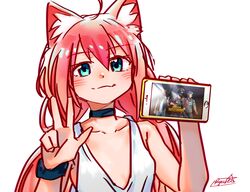  :3 absurdres ahoge animal_ear_fluff animal_ears black_choker blue_eyes blush cat_ears choker closed_mouth female hands_up highres hinata_channel long_hair looking_at_viewer low_twintails nekomiya_hinata pink_hair playerunknown&#039;s_battlegrounds ryusei_hashida shirt signature simple_background smile solo twintails v virtual_youtuber white_background white_shirt wristband 