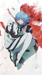  absurdres ayanami_rei blue_hair bodysuit breasts commentary_request digital_media_player earphones english_commentary female from_side full_body hair_between_eyes headgear highres holding holding_digital_media_player interface_headset mixed-language_commentary neon_genesis_evangelion nerv pakkun parted_lips pilot_suit plugsuit red_eyes science_fiction shadow short_hair small_breasts smile solo sony white_bodysuit 