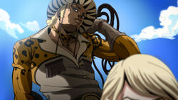  1boy araki_hirohiko_(style) blonde_hair blue_sky choker closed_mouth cowboy cowboy_hat cowboy_western day derivative_work female gloves grandguerrilla grey_eyes grey_gloves hat holding_lasso jojo_no_kimyou_na_bouken lasso long_sleeves male_focus manga_panel_redraw mountain_tim official_style outdoors sky smile solo_focus steel_ball_run twitter_username yellow_choker 