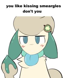  2023 accessory ambiguous_gender anthro blue_body blue_ears blue_eyes blue_fur blue_tongue blush boy_kisser_(meme) canid canine chest_tuft dipstick_tail english_text eyebrows floppy_ears fur generation_2_pokemon hair_accessory hairclip hi_res kiwi_(spicykiwi) light_body light_fur mammal markings meme nintendo pokemon pokemon_(species) red_blush simple_background smeargle solo spicykiwi tail tail_markings text tongue tongue_out tuft white_background 