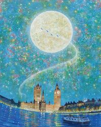  acrylic_paint_(medium) blue_theme boat building commentary_request elizabeth_tower full_moon london moon night night_sky outdoors painting_(medium) peter_pan peter_pan_(character) real_world_location river shiraishi_takashi signature sky star_(sky) starry_sky thames traditional_media water watercraft westminster_palace 