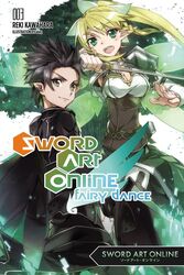  1boy artist_name black_eyes black_hair black_iron_great_sword black_wings blonde_hair breasts bunbun cleavage cover cover_page fairy fairy_wings female green_eyes green_wings highres holding holding_sword holding_weapon kirito kirito_(sao-alo) leafa long_hair medium_breasts multiple_wings novel_cover official_art open_mouth pointy_ears ponytail sheath sword sword_art_online transparent_wings unsheathed weapon wings 