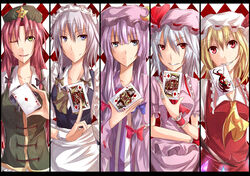  5girls ace_(playing_card) ace_of_diamonds blonde_hair blue_eyes card column_lineup commentary_request crescent diamond_(shape) flandre_scarlet green_eyes highres holding holding_card hong_meiling izayoi_sakuya jack_(playing_card) jack_of_diamonds joker_(playing_card) king_(playing_card) king_of_diamonds letterboxed long_hair maid maid_headdress md5_mismatch multiple_girls one_eye_closed patchouli_knowledge playing_card poker purple_hair queen_(playing_card) queen_of_diamonds ram_hachimin red_eyes red_hair remilia_scarlet royal_flush touhou 