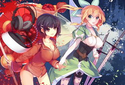  2girls :d amusphere apple black_hair blonde_hair braid breasts cherry cleavage commentary_request dual_persona fairy fairy_wings food fruit green_eyes hair_ornament hairclip headphones kirigaya_suguha large_breasts leafa long_hair long_pointy_ears multiple_girls no_pants open_mouth pajamas panties pointy_ears rain_lan red_eyes red_shirt shirt short_hair smile sword sword_art_online twin_braids underwear weapon wings 