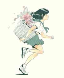  bag black_eyes black_hair clenched_hand female flower from_side full_body highres jisoo_kim miniskirt original petals pleated_skirt running school_uniform serafuku shirt_pocket skirt socks solo 