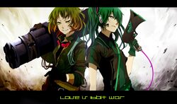  2girls bokura_no_16bit_warz_(vocaloid) commentary_request gloves goggles green_eyes green_hair grin gumi hatsune_miku headset itou_toi koi_wa_sensou_(vocaloid) letterboxed long_hair megaphone multiple_girls necktie smile songover vocaloid weapon 