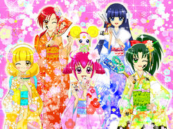  5girls ahoge alternate_costume aoki_reika bell blonde_hair blue_eyes blue_hair blush bow candy_(smile_precure!) cat_bell drill_hair fan floral_print flower fur_trim green_eyes green_hair hair_flower hair_ornament hairband hairbow hand_on_hip hino_akane hino_akane_(smile_precure!) hoshizora_miyuki japanese_clothes jingle_bell kimono long_hair looking_at_viewer luna_rune midorikawa_nao multiple_girls open_mouth orange_eyes pink_eyes pink_hair ponytail precure red_hair simple_background smile smile_precure standing twin_drills wink yayoi_kise yellow_eyes 