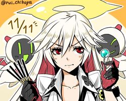  0_0 :d :| ^^^ ankh annoyed beige_background black_gloves blush bodysuit buckle candy closed_mouth collarbone commentary_request dated demon demon_wings diamond_(shape) female floating food frenchmaid_(made_in_frenchmaid) furrowed_brow gloves glowing glowing_eyes glowing_mouth green_eyes guilty_gear guilty_gear_xrd hair_between_eyes half-closed_eyes halo hands_up heart holding holding_food jack-o&#039;_valentine knight_servant lollipop long_hair looking_away looking_to_the_side magician_servant multicolored_clothes multicolored_gloves multicolored_hair no_mask open_mouth outline parted_lips pocky pocky_day red_eyes red_gloves red_hair simple_background smile spiked_halo straight_hair twitter_username two-tone_hair upper_body v-shaped_eyebrows wavy_mouth white_bodysuit white_hair wing_collar wings 