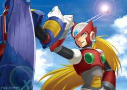  2boys aircraft airplane android armor back blonde_hair blue_eyes cloud commentary_request contrail copyright_name day fist_bump hand_on_own_hip helmet jet lens_flare long_hair low_ponytail mega_man_(series) mega_man_x1 mega_man_x_(series) metal_wings multiple_boys outdoors ponytail robot sky smile storm_eagle_(mega_man) sun very_long_hair wakky wings zero_(mega_man) 