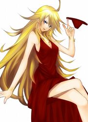  antenna_hair bad_id bad_pixiv_id billion_(billion0103) blonde_hair blue_eyes bracelet crossed_legs dress earrings female jewelry long_dress long_hair looking_at_viewer open_mouth panties panties_around_one_finger panty_&amp;_stocking_with_garterbelt panty_(psg) red_dress red_panties simple_background sitting smile solo twirling_panties underwear unworn_panties white_background 