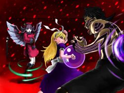  2girls ald alice_(megami_tensei) black_hair blonde_hair blue_eyes boots demi-fiend devil_summoner_(series) dress gloves hair_ribbon hat kuzunoha_raidou long_hair multiple_girls muu_shuwuu_(megami_tensei) purple_hair ribbon shin_megami_tensei shin_megami_tensei_iii:_nocturne short_hair tattoo wings 