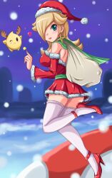  blush christmas earring green_eyes hair_over_one_eye high_heel high_heels luma nail_polish nintendo princess_rosalina rosalina santa_hat santa_suit sigurdhosenfeld snowing super_mario super_mario_bros. super_mario_galaxy thigh_highs thighhighs 