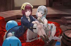  2girls all_fours atelier_(series) atelier_sophie bare_shoulders barrel blazpu blue_coat book brown_eyes brown_footwear choker coat green_eyes grey_hair grin hair_ornament head_scarf indoors looking_at_viewer multiple_girls plachta red_hair short_hair sitting slime_(creature) smile sophie_neuenmuller thighhighs thighs wide_sleeves wooden_floor 