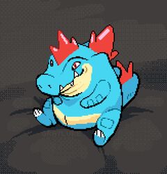  alligator alligatorid anthro belly blue_body chibi crocodilian digital_media_(artwork) feraligatr furniture generation_2_pokemon graylure hi_res meme nintendo pixel_(artwork) pokemon pokemon_(species) red_eyes reptile ridges round_body scalie sharp_teeth sitting sitting_baby_alligator_meme sofa solo teeth 