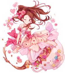  bare_shoulders blue_flower blue_rose blush breasts brown_eyes brown_hair cleavage closed_mouth collarbone cup detached_sleeves dress female flower frilled_sleeves frills full_body hair_flower hair_ornament hair_ribbon heart high_heels idolmaster idolmaster_(classic) idolmaster_million_live! idolmaster_million_live!_theater_days interlocked_fingers inzup layered_dress leaf long_hair looking_at_another minase_iori one_eye_closed orange_flower orange_rose own_hands_together pink_flower pink_ribbon pink_rose red_dress red_eyes red_flower red_rose ribbon rose sleeveless sleeveless_dress small_breasts solo spilling tea teacup thighhighs white_background white_flower white_rose yellow_flower yellow_rose 