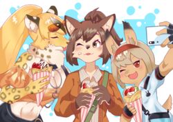  absurd_res alternative_fashion amekaji anthro blonde_hair breasts brown_body brown_fur cat_operator cellphone cheetah cream_(food) crepe domestic_cat eating electronics felid feline felis female female/female fur group gyaru hair hi_res j-fashion karakusa.p kemono kirsch_(live_a_hero) lagomorph leporid lifewonders live_a_hero maculata mammal phone ponytail protagonist_(live_a_hero) rabbit selfie smartphone trio tsuyome 