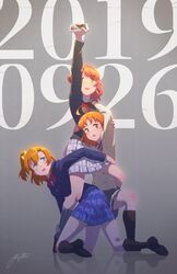  3girls ahoge blue_eyes blush braid cellphone company_connection dated grey_background gundam gundam_narrative hair_bun highres in-franchise_crossover kosaka_honoka love_live! love_live!_nijigasaki_high_school_idol_club love_live!_school_idol_festival_all_stars love_live!_school_idol_project love_live!_sunshine!! multiple_girls narrative_formation nijigasaki_school_uniform one_side_up orange_hair otonokizaka_school_uniform parody phone pink_hair red_eyes reflective_floor regition school_uniform short_hair side_braid single_side_bun smartphone sunrise_(company) sweat takami_chika trait_connection uehara_ayumu uranohoshi_school_uniform winter_uniform yellow_eyes 