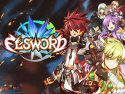  3boys 3girls aisha_landar blade_master_(elsword) burning chung_seiker code:_nemesis_(elsword) elemental_master_(elsword) elf elsword elsword_(character) eve_(elsword) expressionless facial_mark fire forehead_jewel grand_archer_(elsword) highres iron_paladin_(elsword) logo lord_knight_(elsword) multiple_boys multiple_girls official_art open_mouth pointy_ears promotional_art raven_cronwell rena_erindel smile source_request sword wand weapon 