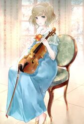  alice_margatroid blonde_hair blue_dress chair dress eyebrows_visible_through_hair female floral_print flower_ornament gin_fragrans green_eyes hairband high_heels holding holding_instrument instrument shawl short_hair sitting touhou violin violin_bow window 