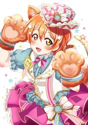  :3 animal_ear_fluff animal_ears animal_hands arms_up blue_shirt blush cat_ears cat_tail center_frills commentary english_commentary female frilled_hat frilled_skirt frills gloves gold_trim hair_ornament hat hat_ribbon highres hoshizora_rin layered_skirt looking_at_viewer love_live! love_live!_school_idol_project oerba_yun_fang open_mouth orange_hair paw_gloves pink_ribbon pink_skirt plaid_headwear puffy_short_sleeves puffy_sleeves ranemu ribbon shirt short_hair short_sleeves simple_background skirt smile star_(symbol) star_hair_ornament tail upper_body vest white_background white_vest yellow_eyes 