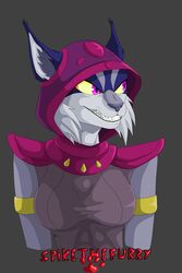  anthro asuri_(brawlhalla) blue_ears brawlhalla clothing felid feline female fur grey_background grey_body grey_fur hi_res lynx mammal purple_eyes simple_background solo spike_the_furry 