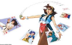  1990s_(style) 5boys absurdres ace_(playing_card) ace_of_clubs ahoge argo_gulskii arm_up armpits arms_up artist_name belt black_hair black_sash blue_eyes blue_hair blue_vest boxing boxing_gloves breasts brown_hair buttons card championship_belt chibodee_crocket chinese_clothes cleavage clenched_hand clenched_teeth club_(shape) collarbone cowboy_shot crop_top cropped_vest croupier diamond_(shape) domon_kasshu dougi earrings female fencing fencing_suit fighting_stance fishnet_pantyhose fishnets flipped_hair floating_card g_gundam george_de_sand gundam hair_between_eyes hairband hands_up headband heart highres holding holding_sword holding_weapon jack_(playing_card) jack_of_diamonds japanese_clothes jewelry joker_(playing_card) karate_gi king_(playing_card) king_of_hearts_(playing_card) leotard leotard_under_clothes lipstick long_hair long_sleeves looking_at_viewer makeup martial_arts_belt medium_breasts medium_hair multicolored_hair multiple_boys muscular neck_ring official_art open_clothes open_mouth open_vest orange_hair ousaka_hiroshi outstretched_arm outstretched_arms pants pantyhose photoshop_(medium) pink_hair playing_card queen_(playing_card) queen_of_spades rain_mikamura red_leotard retro_artstyle sai_saici sash shorts sideburns simple_background smile spade_(shape) spread_arms sword tank_top teeth topless_male two-tone_hair v-shaped_eyebrows vest weapon white_background wrist_cuffs wrist_wrap 