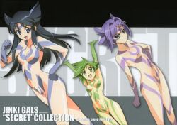  3girls absurdres arms_up artist_name blonde_hair blue_eyes blue_hair bodypaint breasts clenched_hand elnie_tachibana green_eyes green_hair hair_flaps hand_on_own_hip highres jinki kousaka_rui long_hair looking_at_viewer medium_breasts multiple_girls navel not_for_sale official_art tsunashima_shirou tsuzaki_aoba 