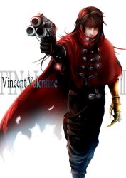  1boy black_hair cape character_name clawed_gauntlets claws commentary_request final_fantasy final_fantasy_vii final_fantasy_vii_advent_children gun headband long_hair male_focus red_eyes solo ten_(k1208) vincent_valentine weapon 