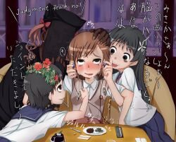  1boy 4girls 4shi black_eyes black_hair blush bow brown_eyes brown_hair commentary_request drugged earbuds earphones english_text engrish_text flower hair_flower hair_ornament hairbow hairpin hand_on_another&#039;s_head head_wreath long_hair marijuana misaka_mikoto multiple_girls open_mouth pun ranguage sakugawa_school_uniform saten_ruiko school_uniform serafuku shirai_kuroko short_hair sitting skirt stoned summer_uniform sweater_vest table tears toaru_kagaku_no_railgun toaru_majutsu_no_index tokiwadai_school_uniform tongue translated twintails uiharu_kazari under_the_table yuri 